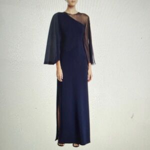 NWT Sachin & Babi PECORA Gown - 1 shoulder SILK illusion 3/4 batwing NAVY US 14